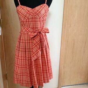 LOFT Adjustable Spaghetti-strap Orange-red plaid, Sun Dress with Waist Bow